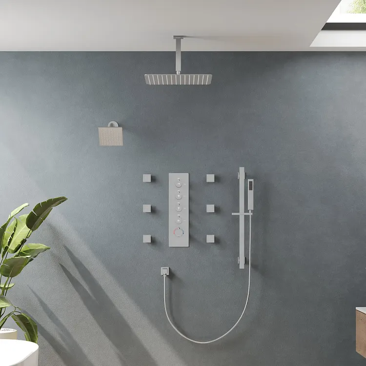 Thermostatic Rainfall Bathroom Shower System in Brushed Nickel SFS
