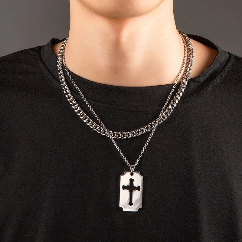 Hip-Hop Punk Cross Titanium Steel Hollow Out Men's Layered Necklaces