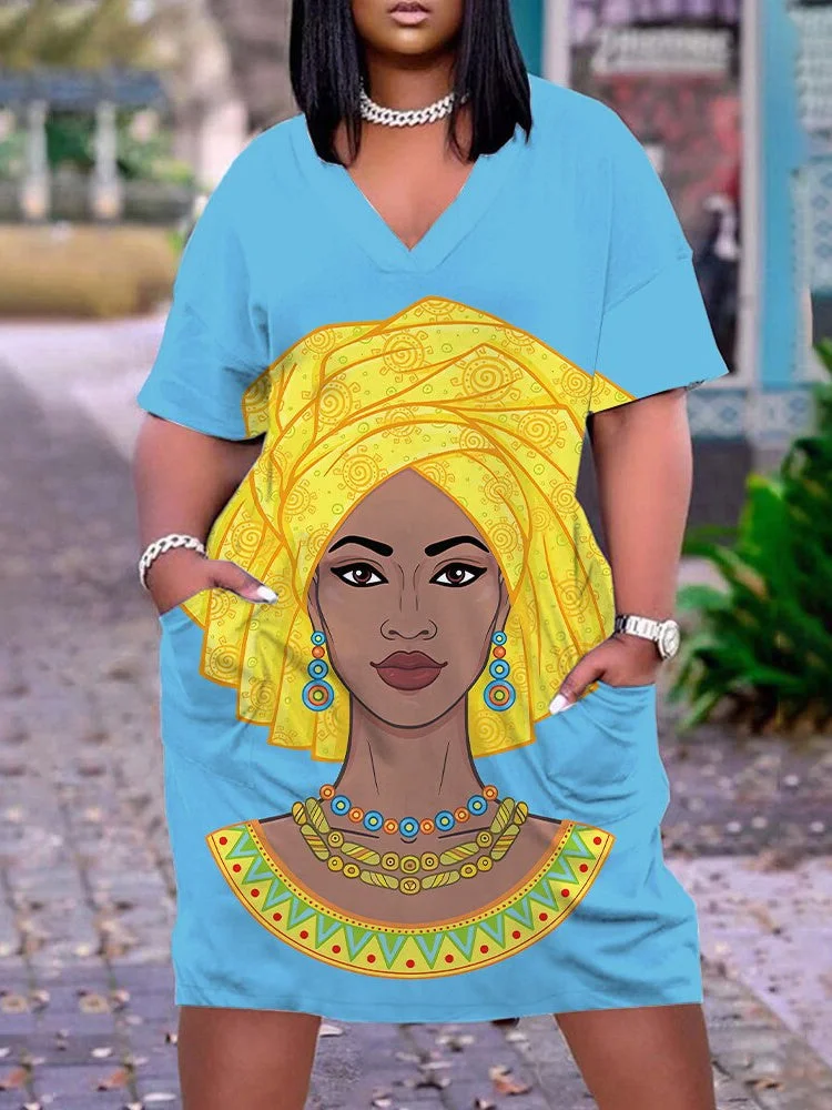 Digital Print V-Neck Casual Pocket Dress