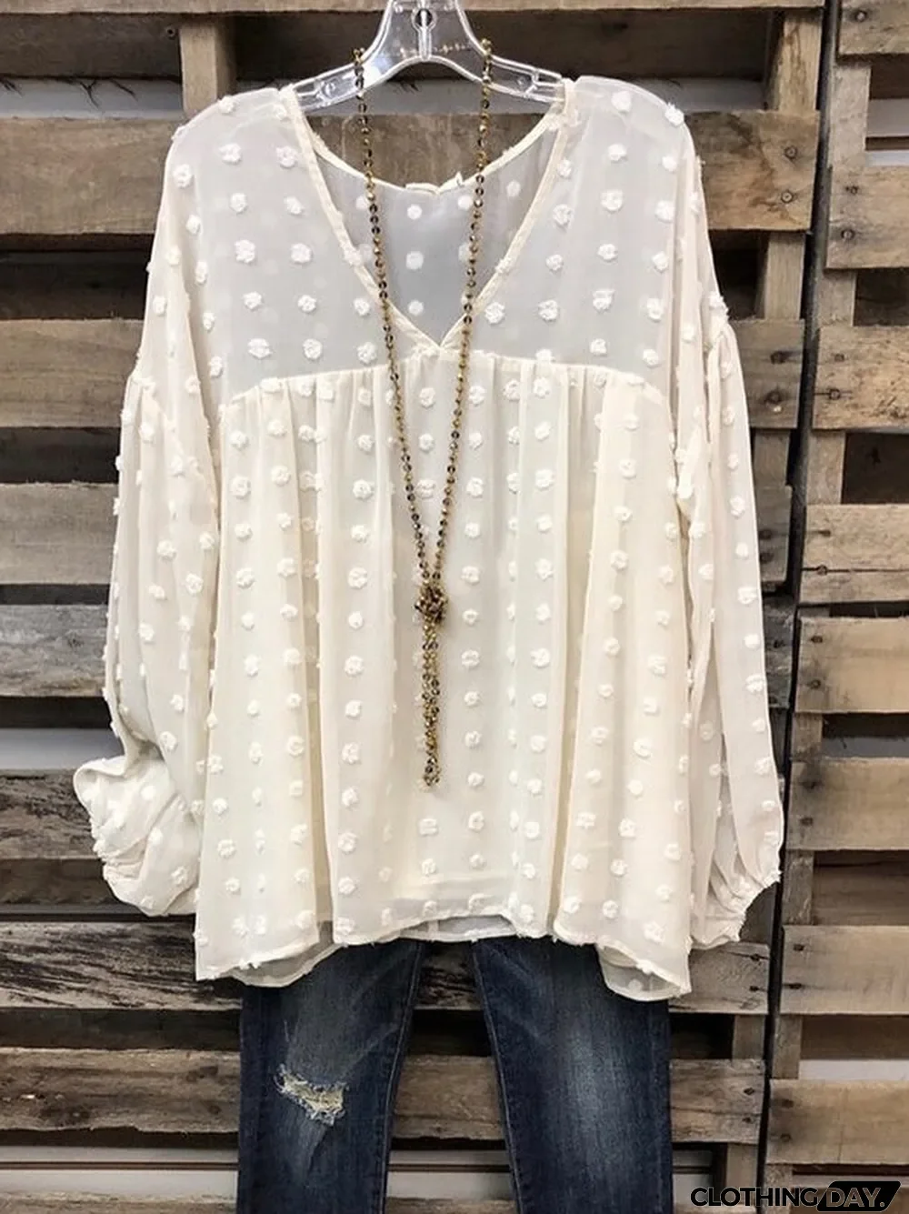 Women's Long Sleeve V Neck Breathable Polka Dot Jacquard T-Shirt Top