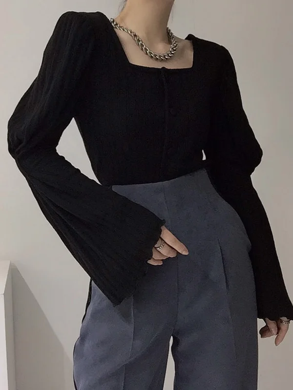 Original Stylish Buttoned Square-Neck Flared Sleeves Cardigan