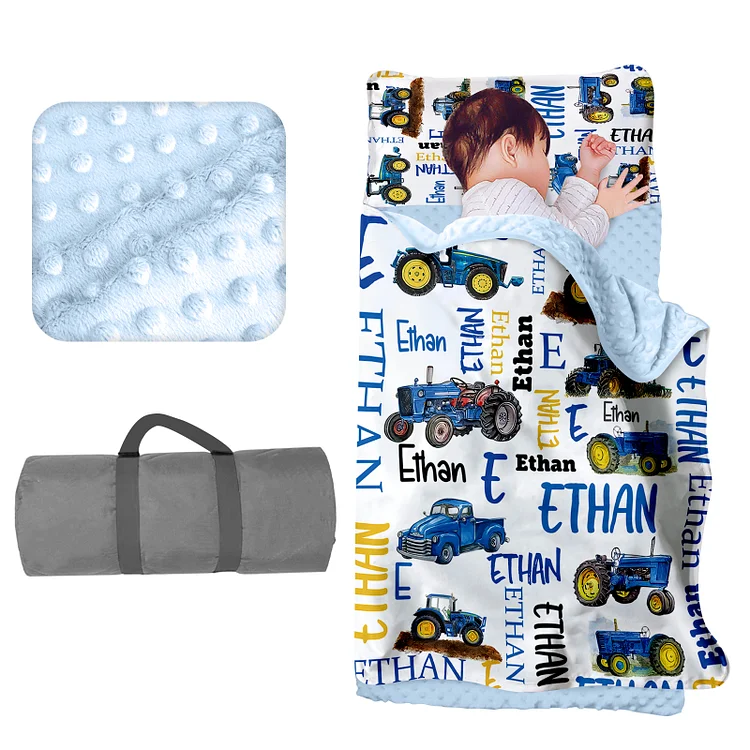Personalized Toddler Nap Mat for Daycare Cot Bedding - Baby Kids Nap Mats with Pillow Blanket Preschool Kindergarten Children Sleeping Bag with Custom Name Easy Carry Blue Cars