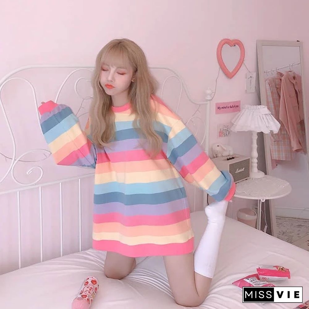 Women's Jacket Autumn Winter Rainbow Striped Long-sleeved Hoodless Shirt Harajuku Female Student Korean Version Tide Loose Thin