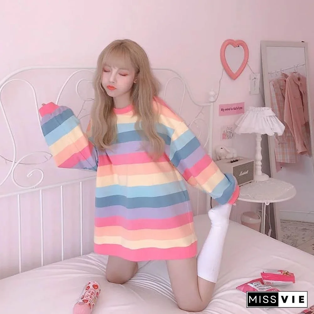 Women's Jacket Autumn Winter Rainbow Striped Long-sleeved Hoodless Shirt Harajuku Female Student Korean Version Tide Loose Thin