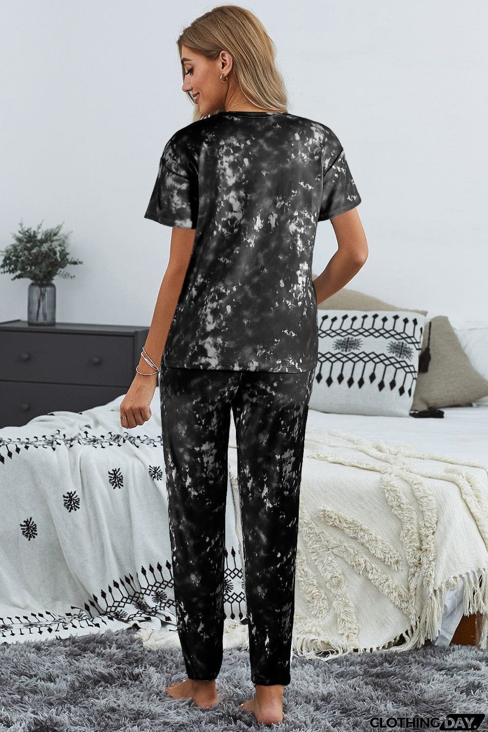 Black Tie-dye Short Sleeve T-shirt Pants Pajama Set
