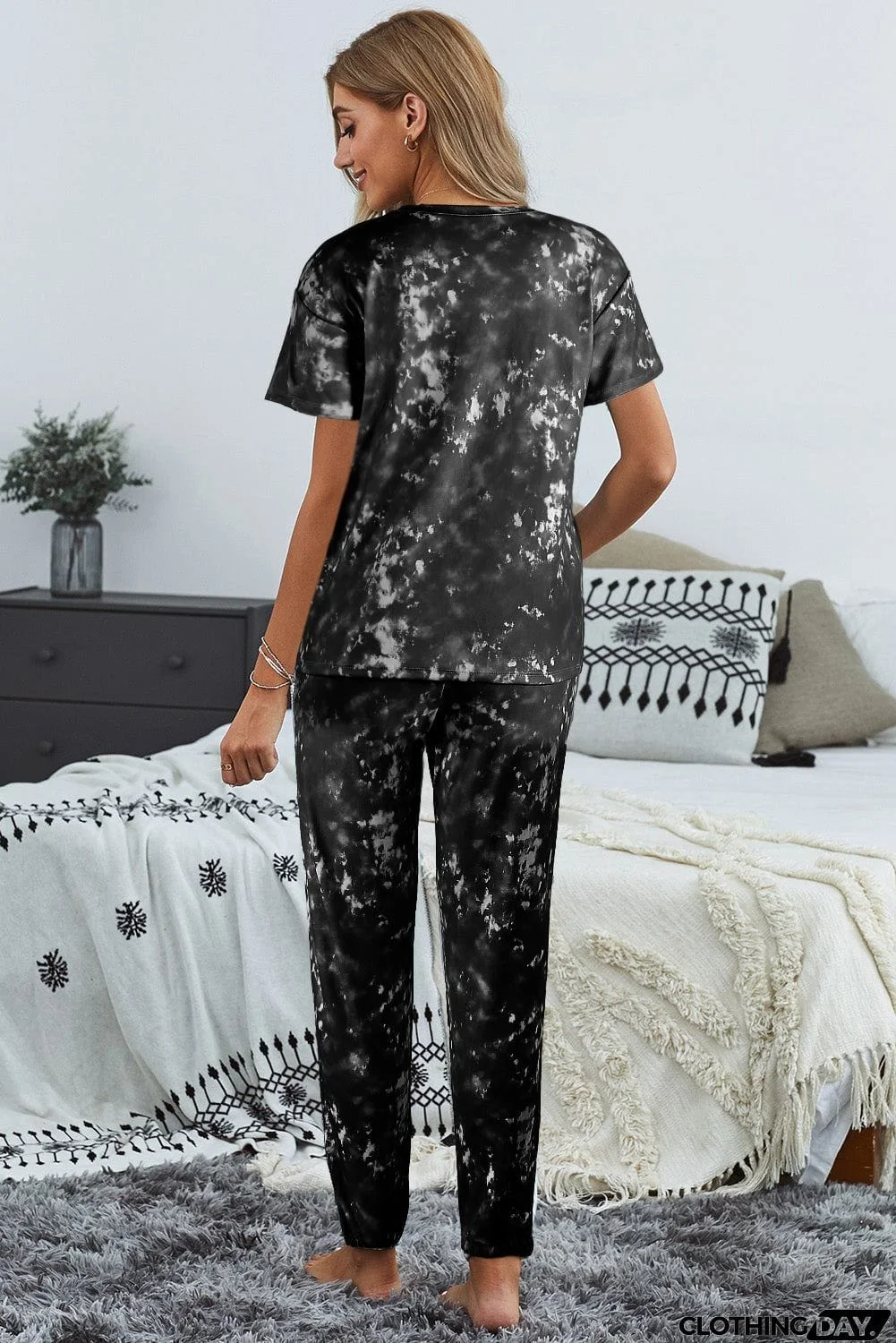 Black Tie-dye Short Sleeve T-shirt Pants Pajama Set