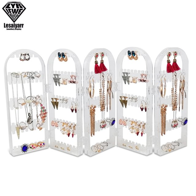 2/3/4 Fans Panels Screen Folding Clear Earrings Studs Display Rack Necklace Jewelry Shelf Stand Holder Organizer Storage Box