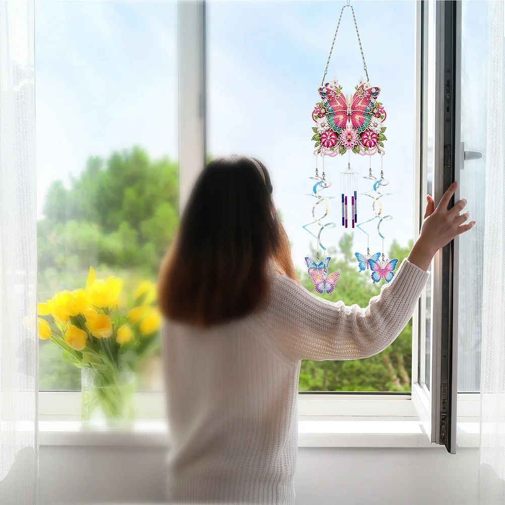 DIY Flower Butterfly Double Sided Diamond Painting Wind Chime for Window Decor