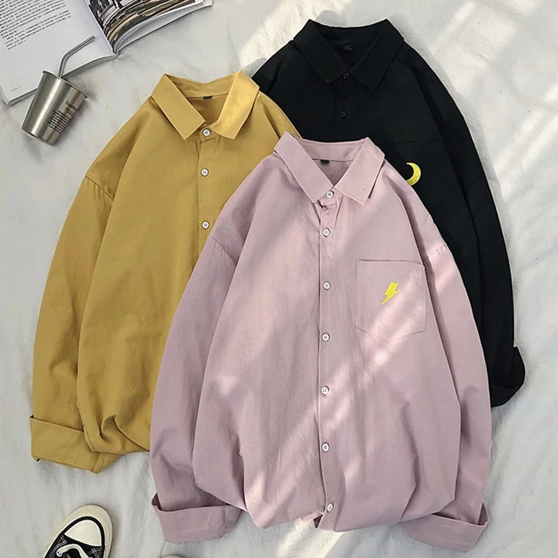 Zoki 100% Cotton Women Shirt Cute Preppy Style Casual Loose Shirts Fashion Embroidery Autumn Button Up Pocket Ladies Tops 2021