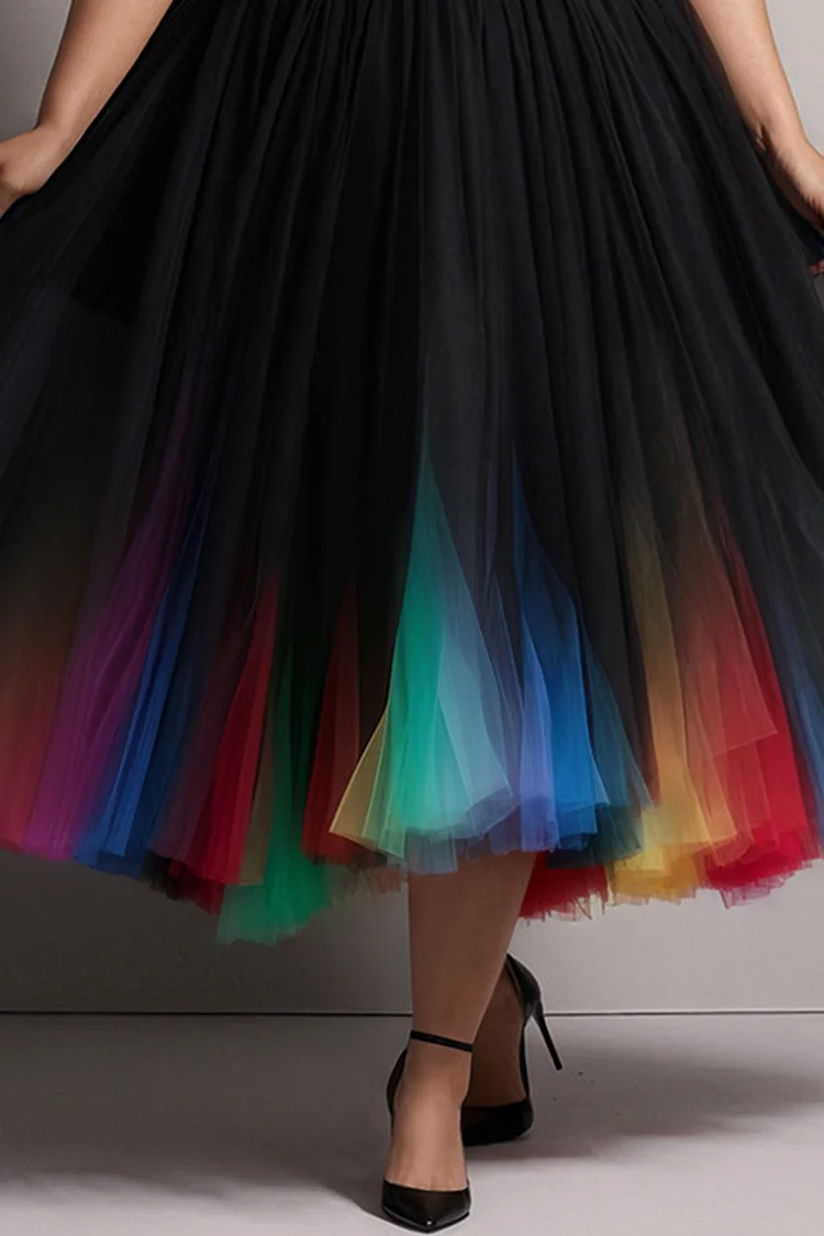 Xpluswear Design Plus Size Cocktail Party Black Gradient Off The Shoulder Tulle Midi Dresses [Pre-Order]