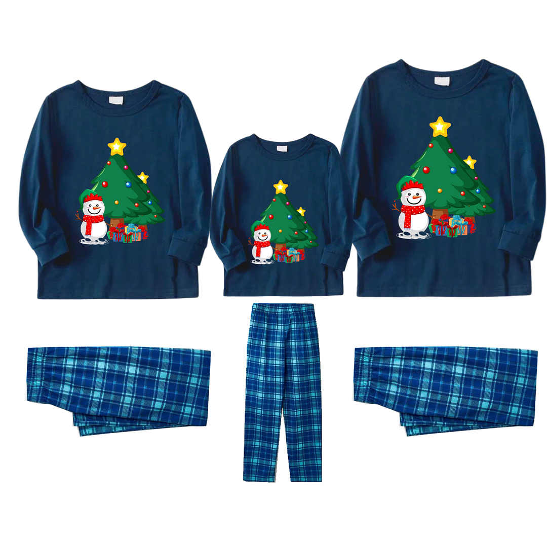 Christmas Tree And Smiling Snowman with Gift Pattern Blue Long Sleeve Top with Blue And White Plaid Pants Family Matching Pajamas