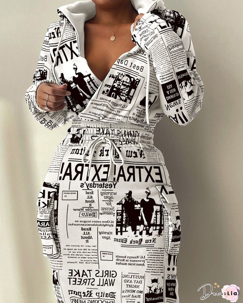 Newspaper Print Top & Midi Skirt Set