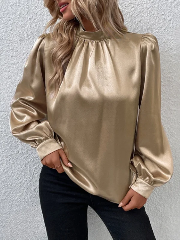 Pleated Shiny Solid Color Split-Joint Long Sleeves Loose Mock Neck T-Shirts Tops