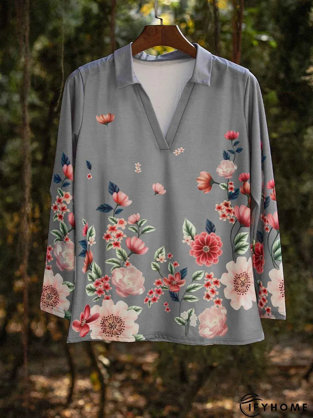 Women Gray Cotton Casual Floral Printed V neck Shirt | IFYHOME