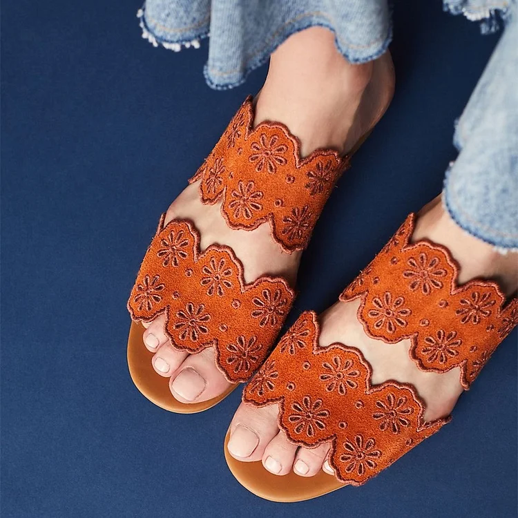 Tan Burnt-Out Women's Slide Sandals Open Toe Flat Mules |FSJ Shoes
