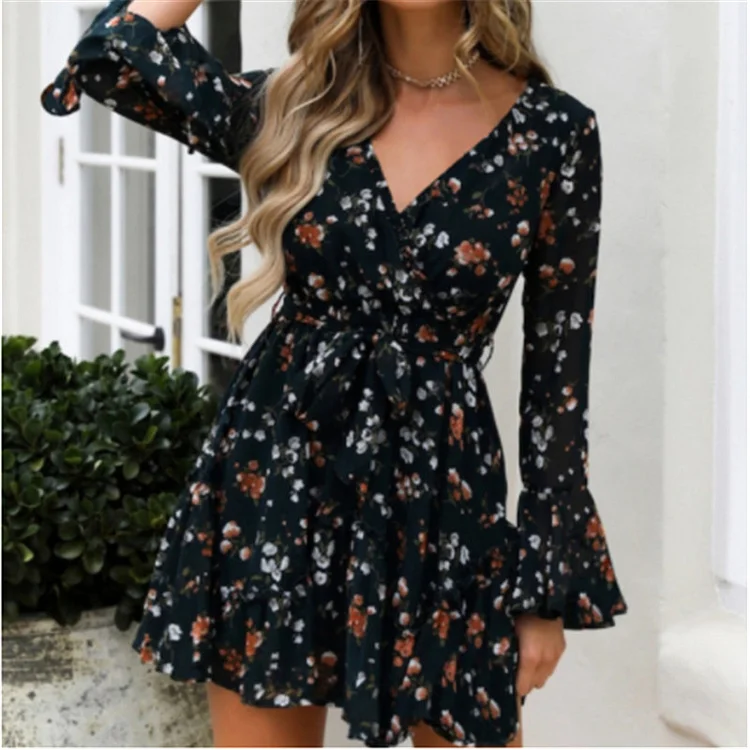Women Long Sleeve Sexy Flower Ladies Casual V-Neck Mini Dresses