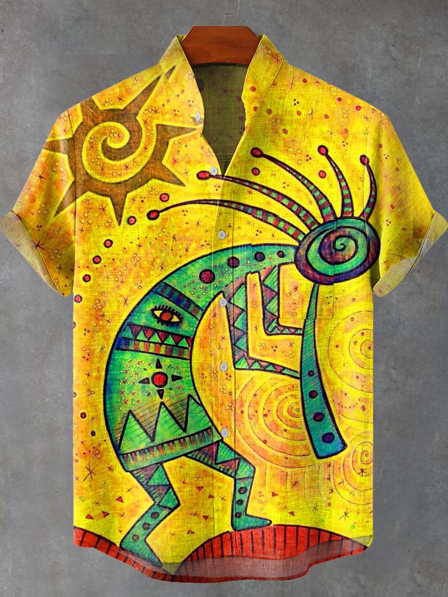 African Art Creative Abstract Figures Vintage Print Casual 100% Cotton Shirt