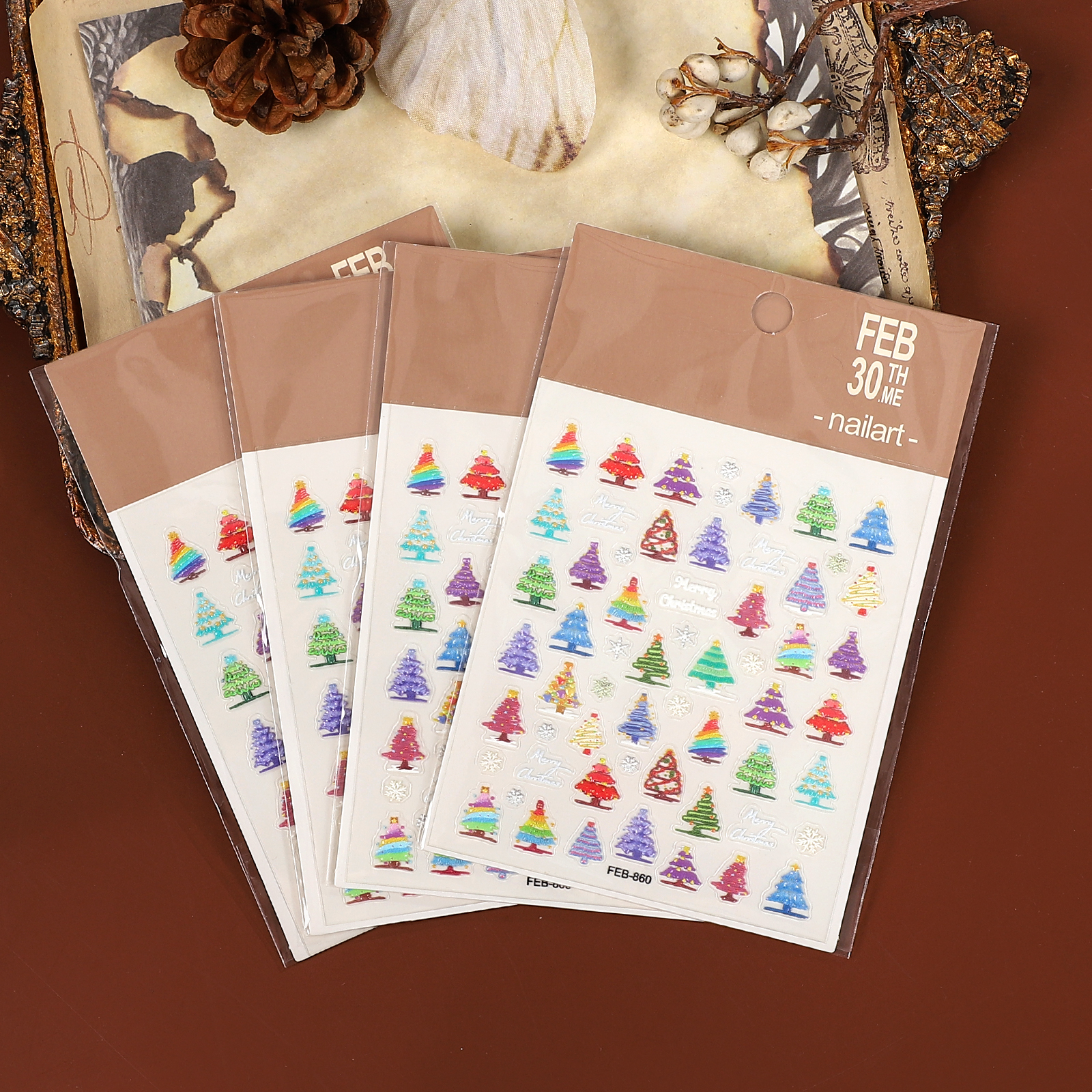 PET 스티커 - 2개/세트 귀여운 컬러 크리스마스 트리 매니큐어 장식