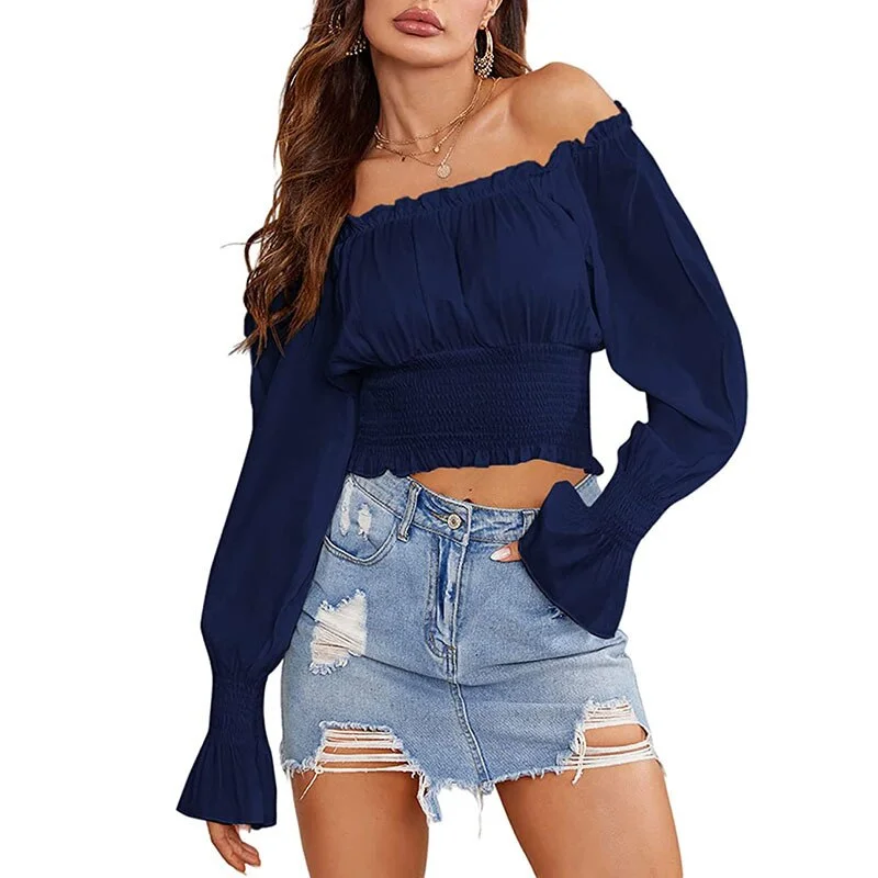 Jangj Female Off Shoulder Ruffle Edge Backless Chiffon Shirts Women Solid Color Long Sleeve Crop Top