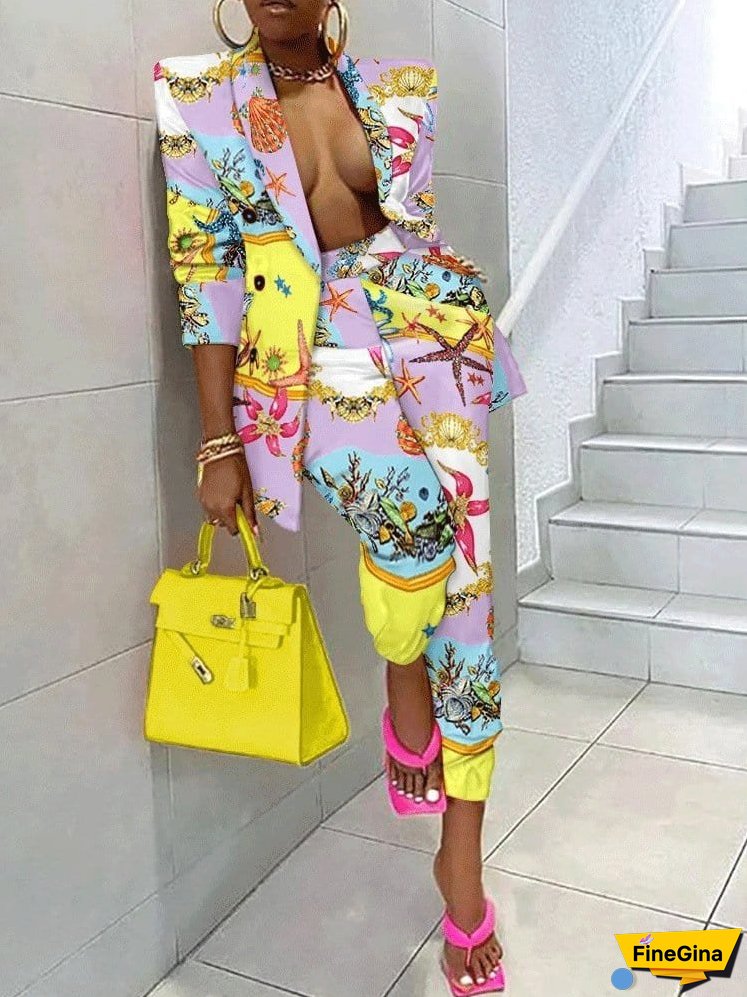 Stylish Printed Long Sleeve Blazer & Trousers Set