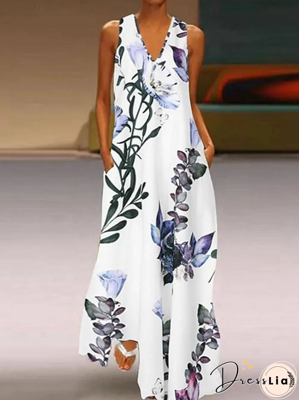 Women's A-Line Dress Maxi long Dress Sleeveless Floral Print Summer V Neck Plus Size Hot Casual Holiday Loose White Blue Yellow S M L XL XXL 3XL 4XL 5XL White Dresses