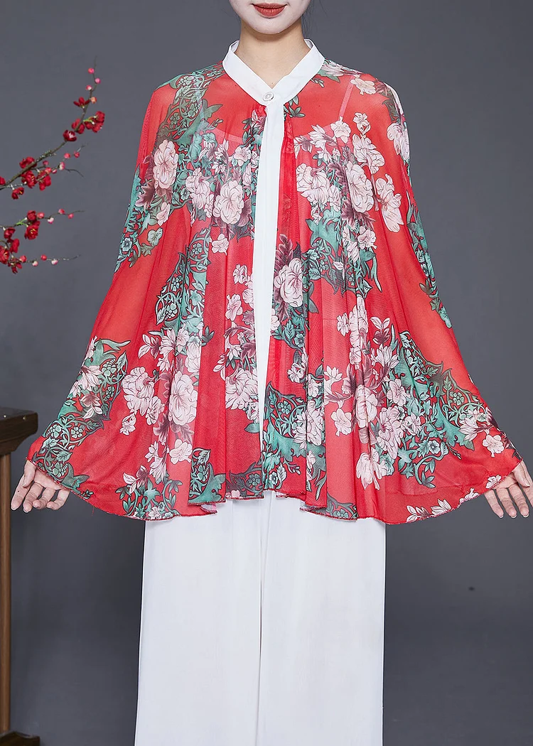 Art Red Oversized Print Chiffon Shirt Batwing Sleeve