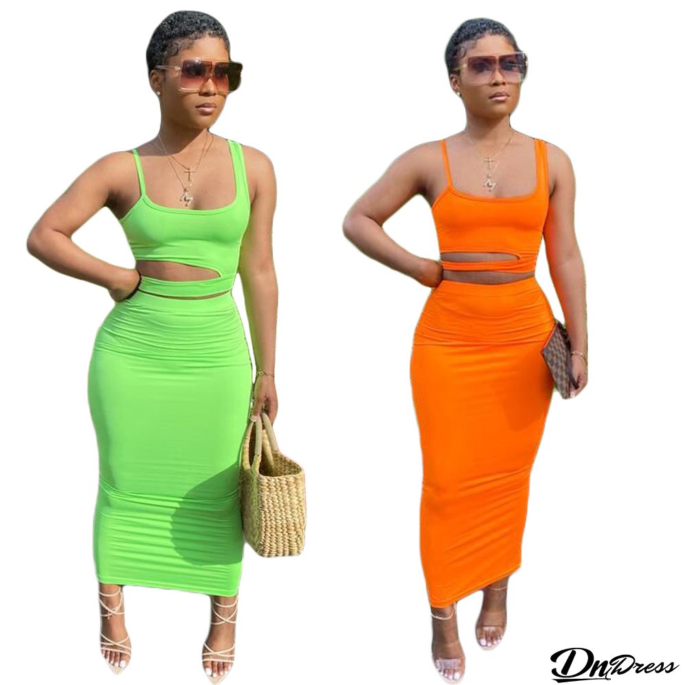 Women's Solid Color Cutout Casual Home Style Skirt Set Two Piece