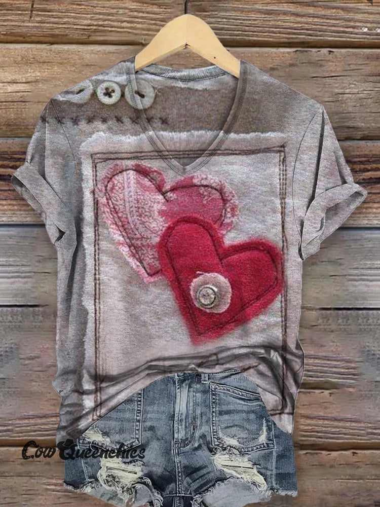 Vintage Heart Art Print V-neck Casual T-Shirt Multicolor / S