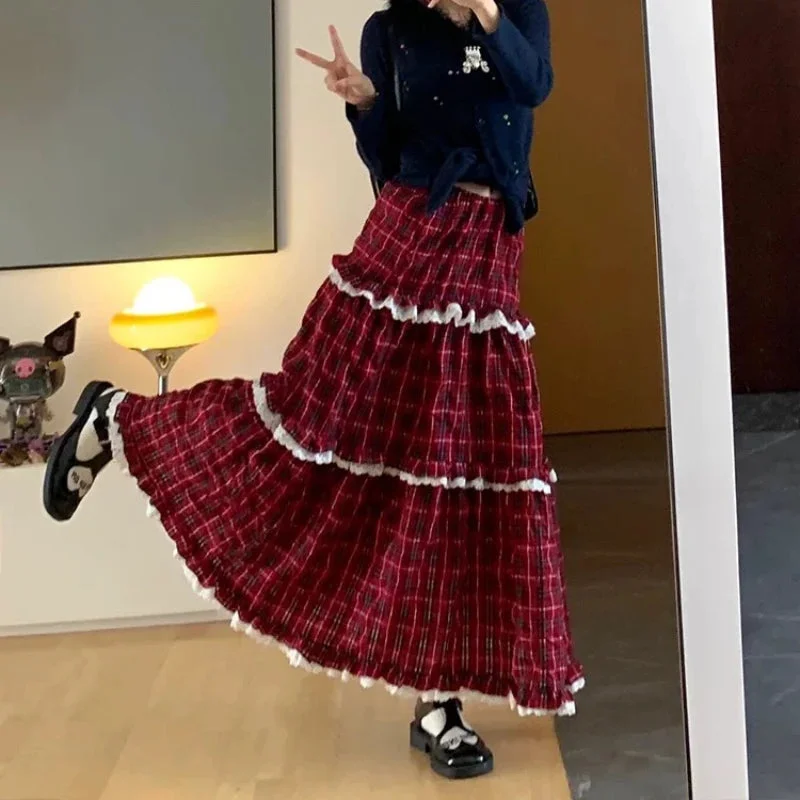 Toloer Red Plaid Ruffle Maxi Skirt-Outfit Ideas