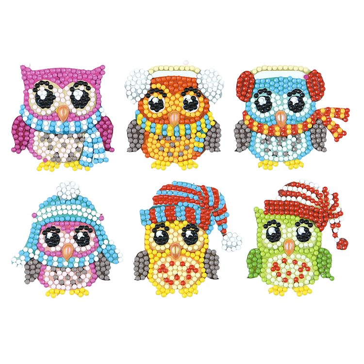 6pcs Adhesive Stickers Owls DIY Round Diamond Decor DIY Mosaic Painting Kit