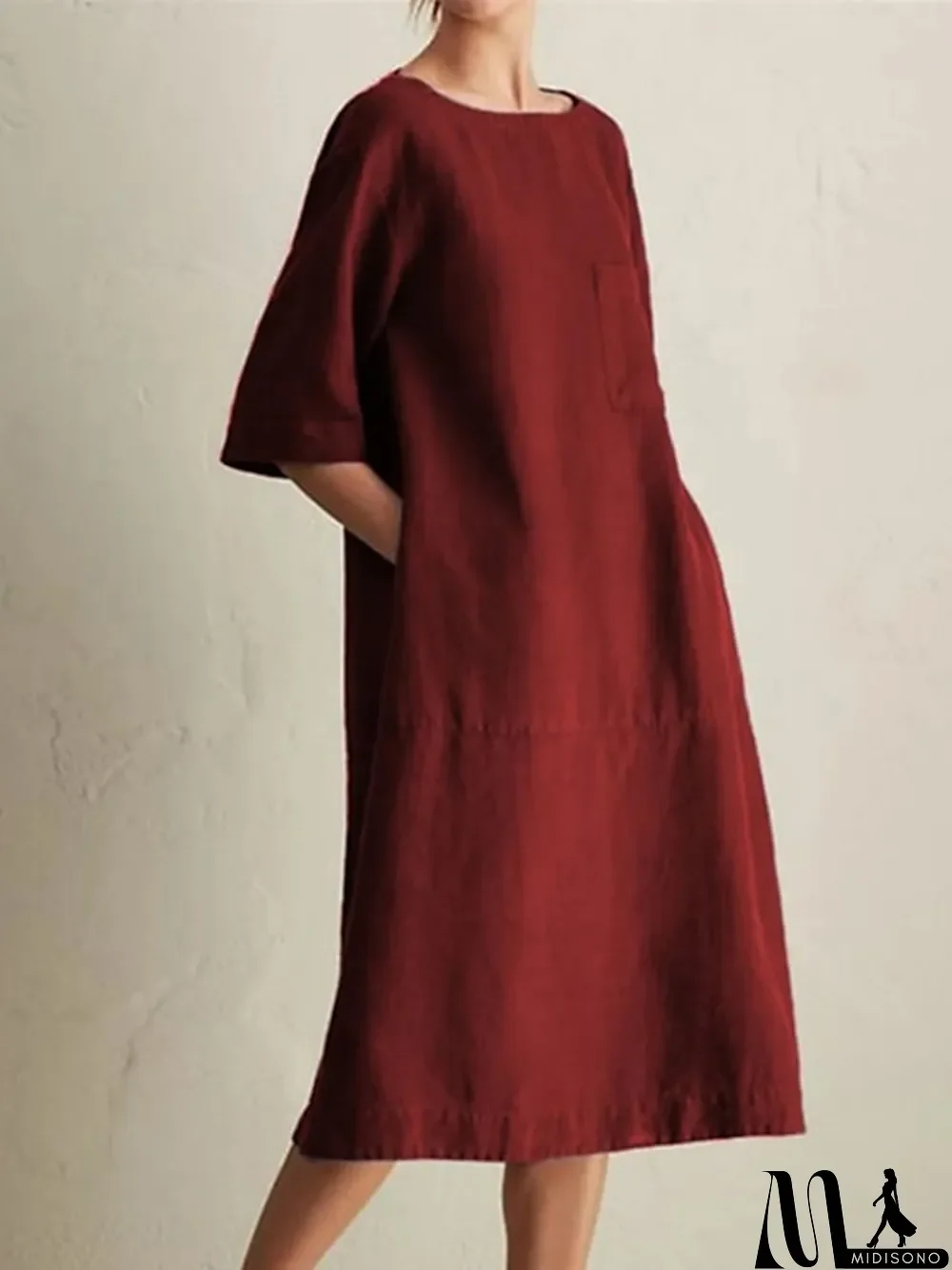 MidiSono - Women's Cotton Linen Dress Casual Dress Shift Dress Maxi long Dress Cotton Blend Casual Daily Holiday Vacation Crew Neck Pocket Contrast Stitching Half Sleeve Summer Spring Loose Fit Black Wine