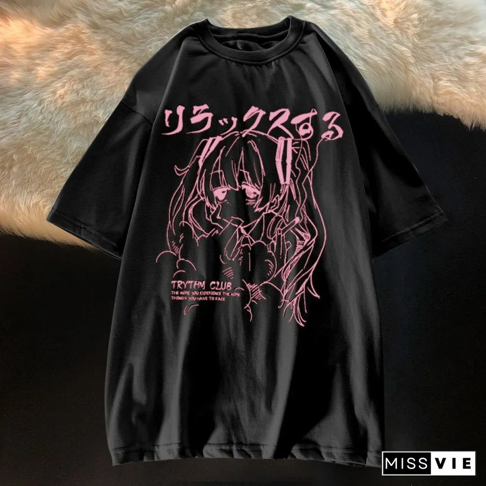 Womens Clothing-Y2K Japanese Harajuku Graphic Kawaii Shirts-Anime Print Oversized Plus
