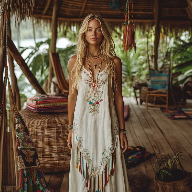 Bohemian Floral Embroidery Tassel Art Sleeveless Cozy Linen Maxi Dress
