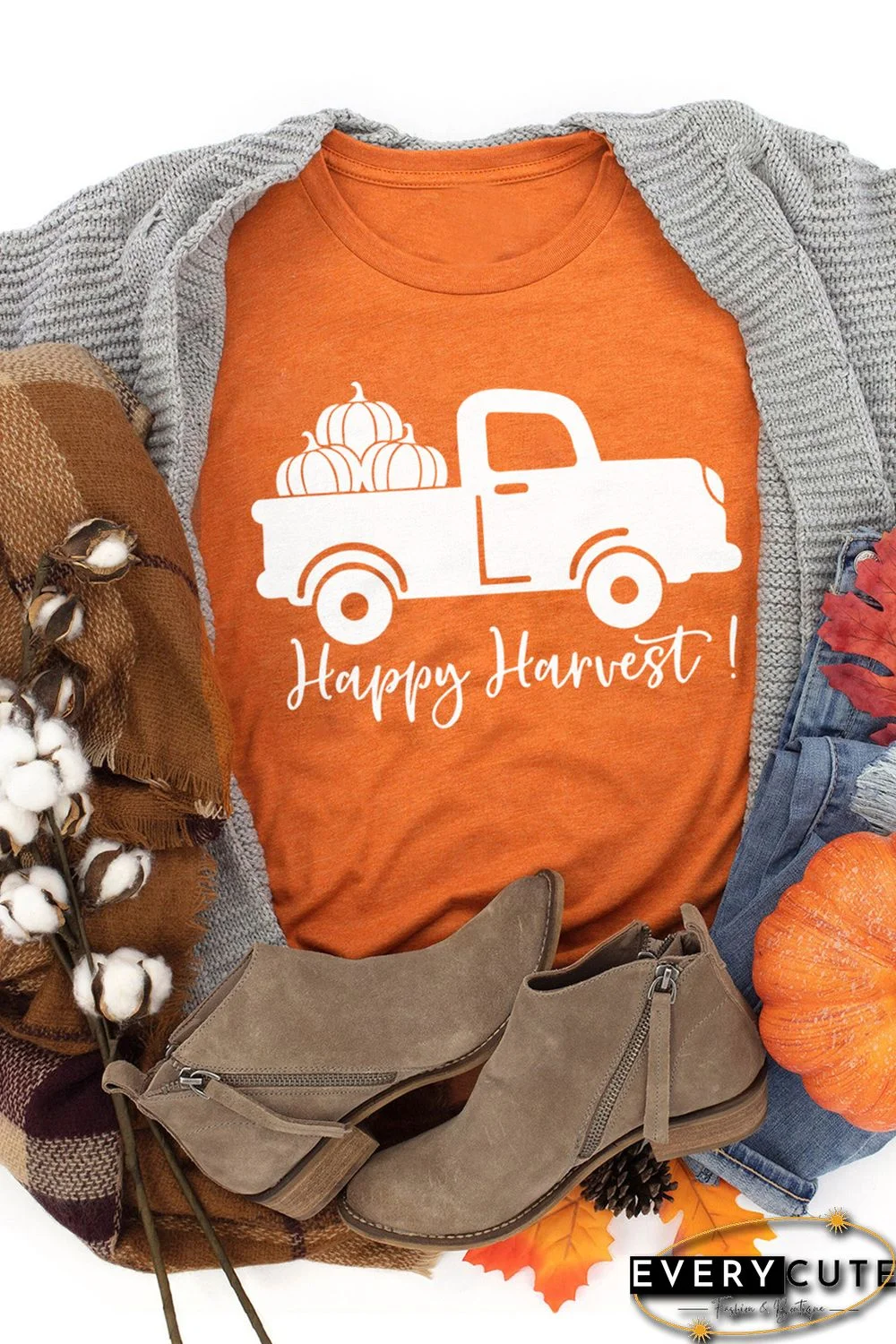 Orange Happy Harvest Pumpkin Truck Print Graphic T Shirt