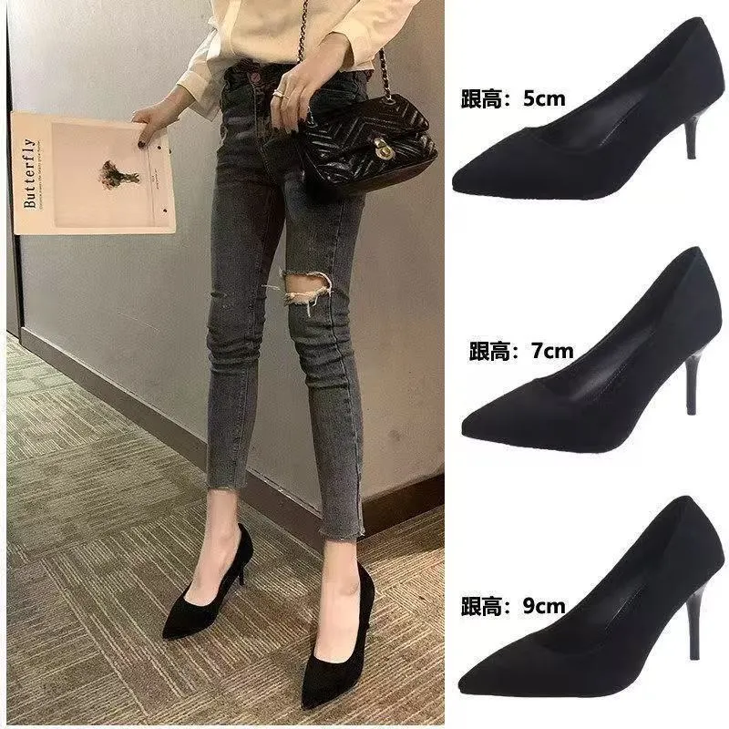 Breakj Breakj Women 2025 Spring And Autumn New Black Fine Tip Light Mouth Velvet Professional Shoes Large-Size Etiquette Shoes
