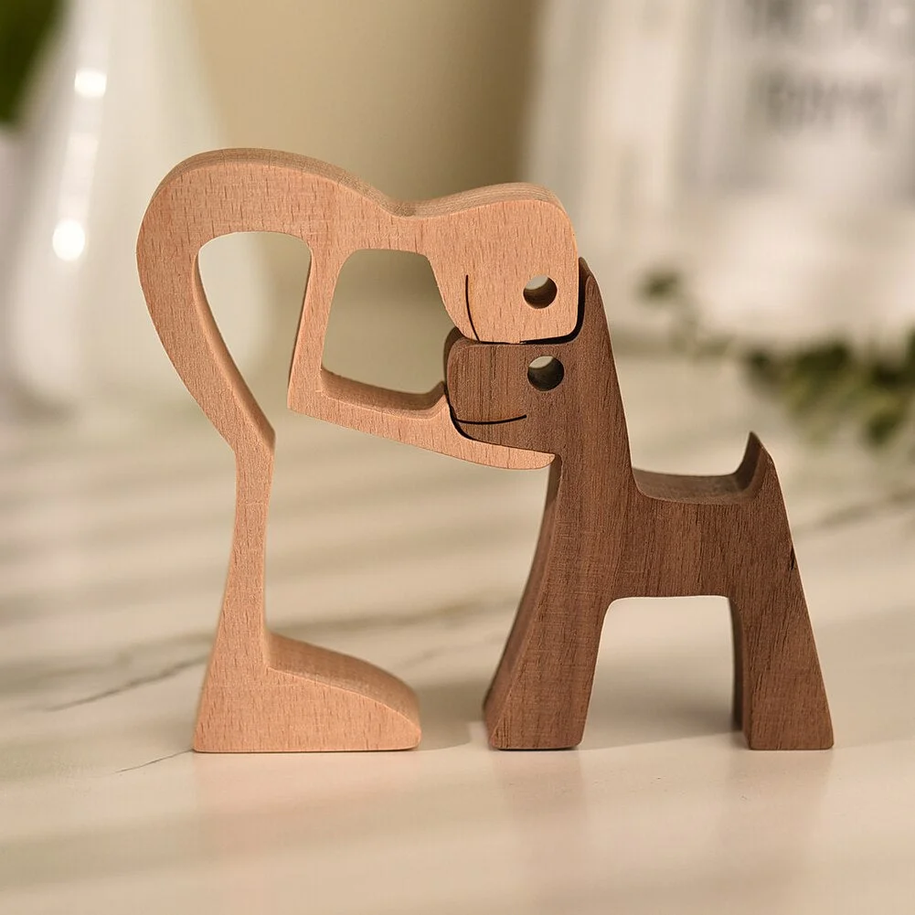 Wood Puppy Family Table Figurin Decor Ornaments Wooden Dog Craft Statue Home Decoration Cute Human and Pets Sculpture Craft Gift