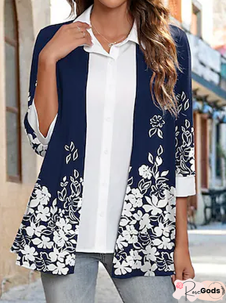 Floral Regular Fit Casual Shawl Collar Blouse