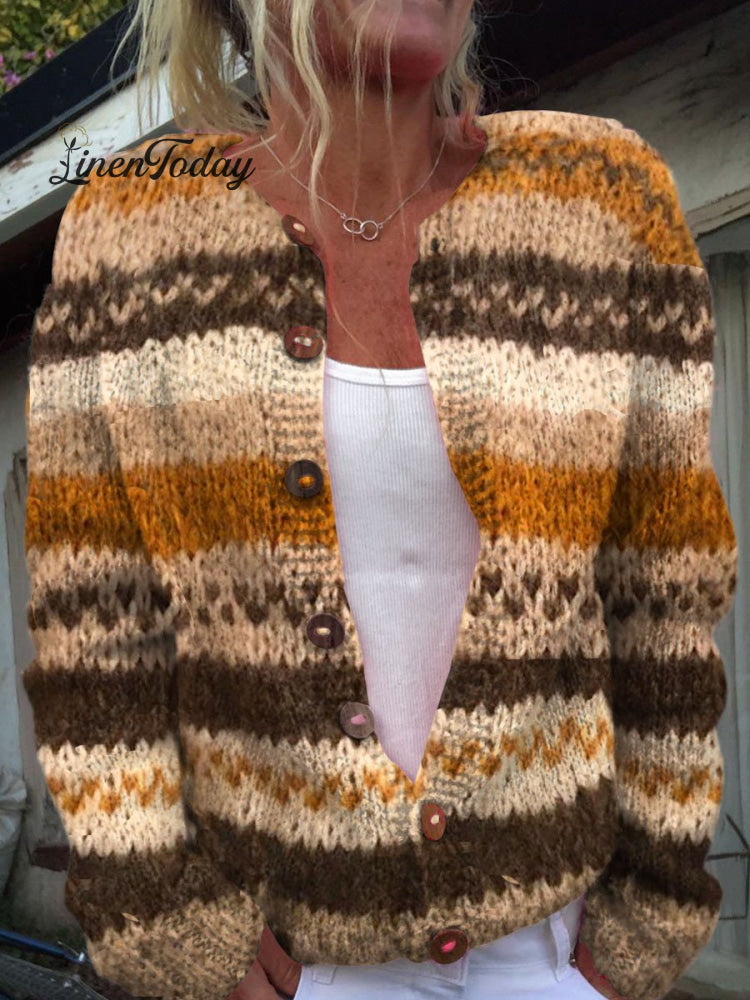 Striped Colour Block Print Buttoned Cardigan Sweater Multicolor / S