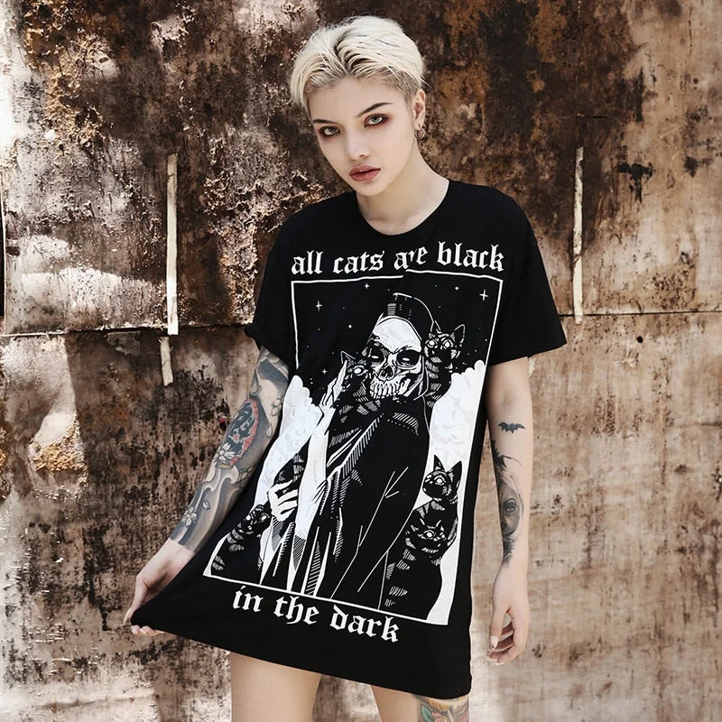 InsGoth Women Loose Black T-shirts Gothic Grunge Punk Harajuku Skull Peinted T-shirts Halloween Party Long Tops Female T-shirt