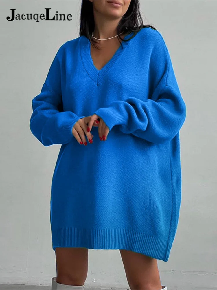 JacuqeLine Autumn Winter 2021 Y2K Sexy Knitted Women's Dress Sweater Oversize Long Sleeve V Neck Casual Top Mini Party Dresses