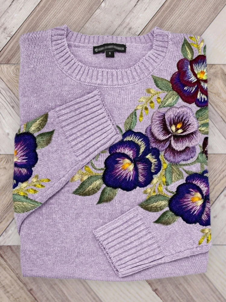 VChics Pansy Flowers Embroidery Cozy Knit Sweater