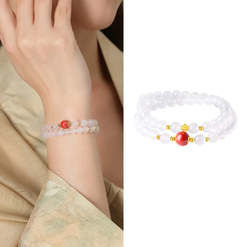 925 Sterling Silver Natural White Agate Cinnabar Double Wrap Protection Bracelet