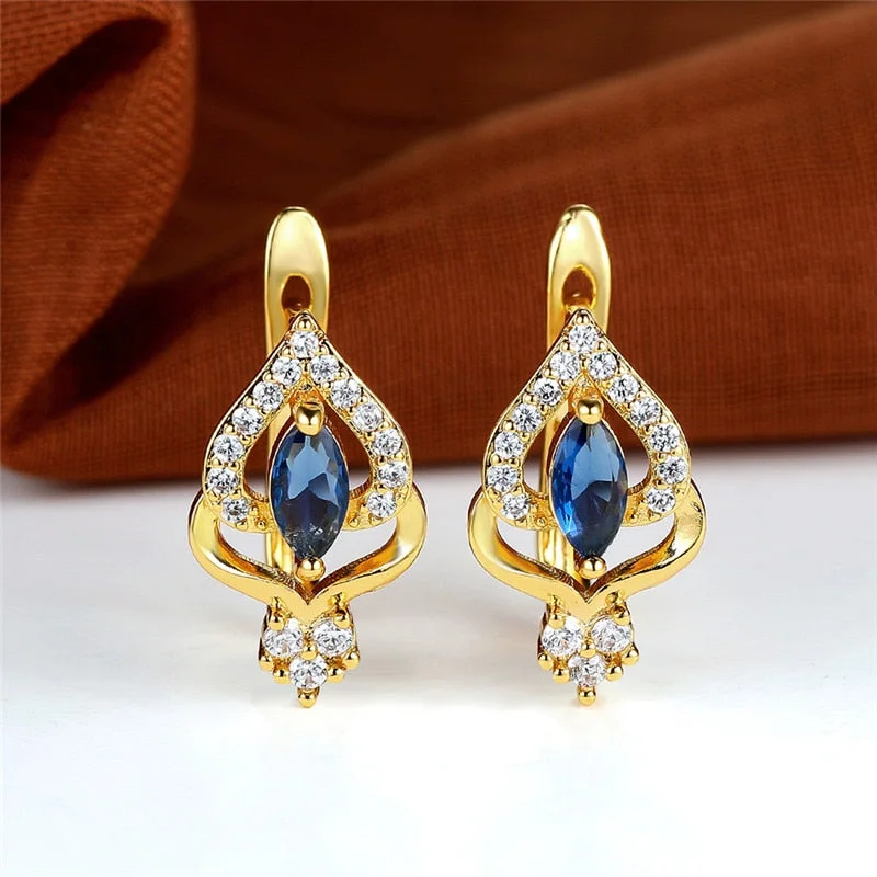 Cute Female Purple Zircon Stone Hoop Earrings Vintage Hollow Crystal Flower Earrings Boho Gold Color Wedding Earrings For Women