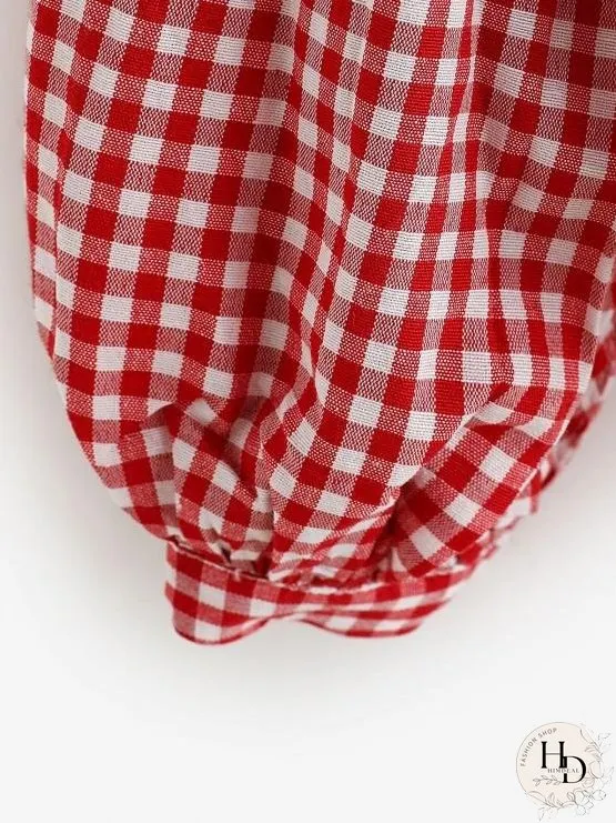 Button Up Gingham Lantern Sleeve Shirt for Women