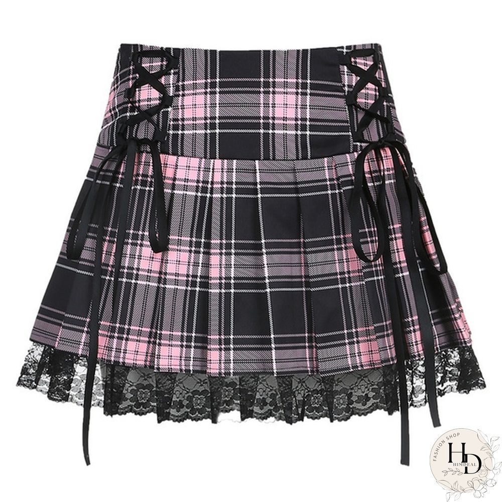 Summer New Lace Gothic Woman Skirts Pink Stripe Plaid Trim Pleated Skirt Punk Dark