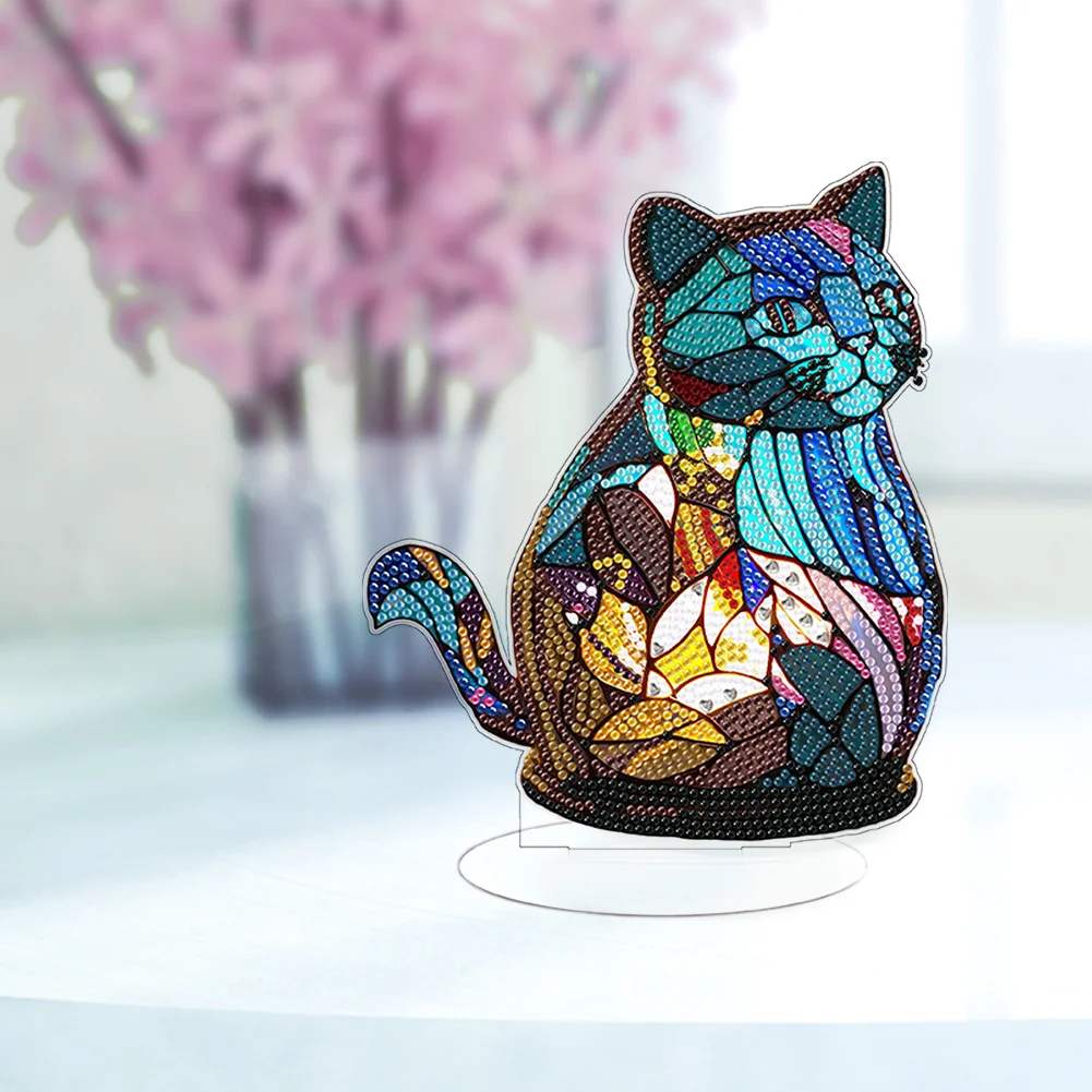 DIY Cat Acrylic Single-Sided Diamond Painting Desktop Decoration with Light for Office Desktop Decor