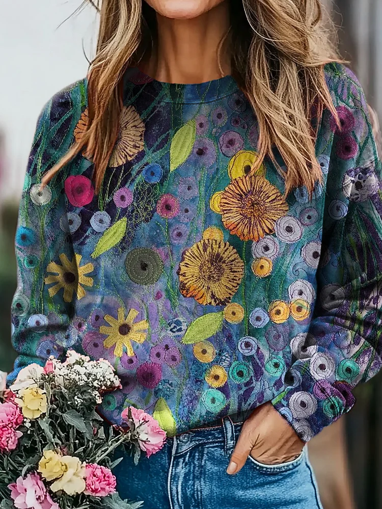 Women's Flower Art Print Casual Crew Neck Sweatshirt
