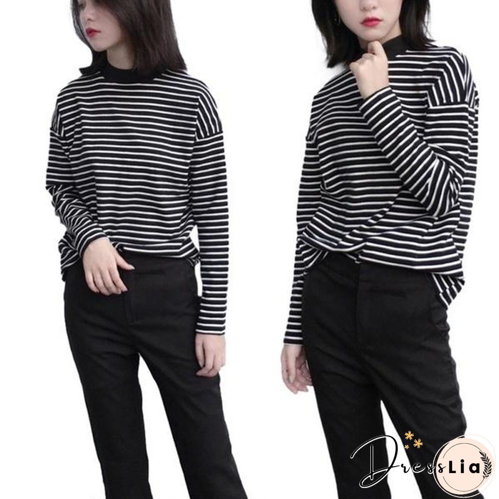 Women Turtleneck Korean Style Crop Top Long Sleeve Striped Tops Female Shirt Casual Harajuku Tops