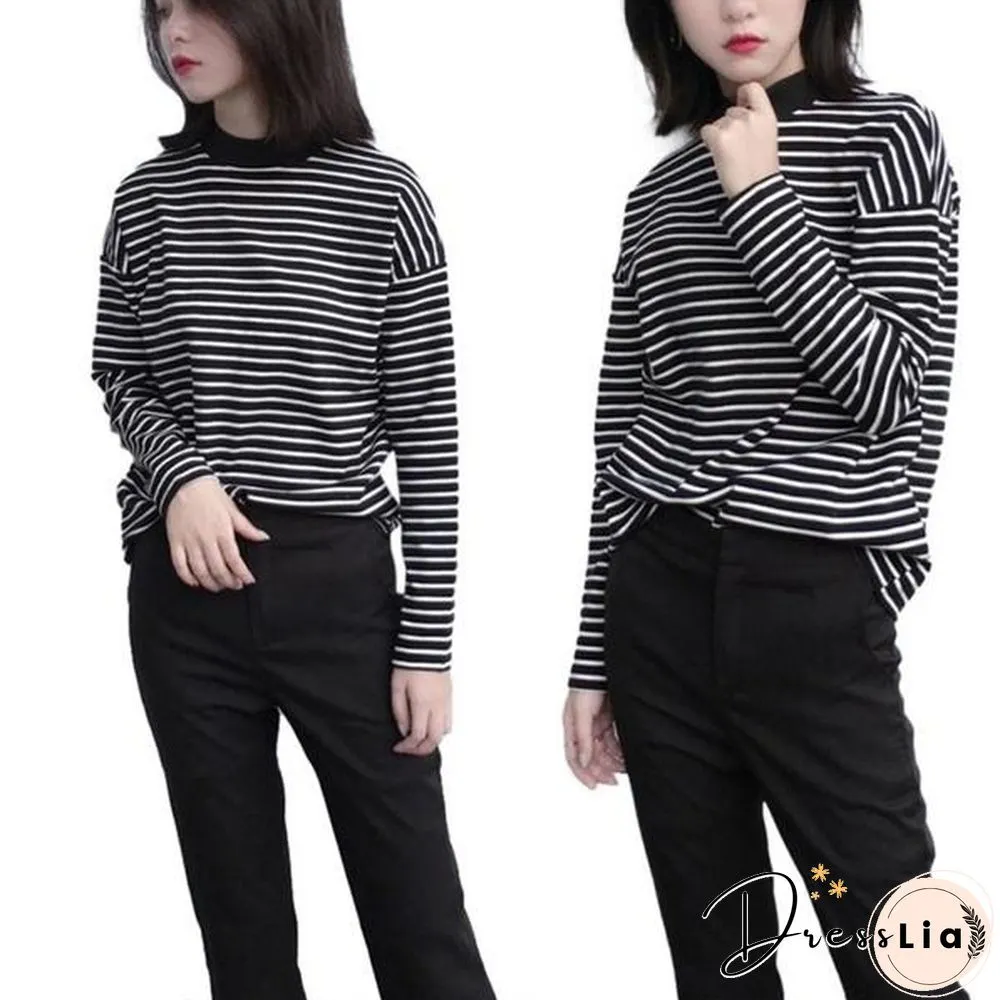 Women Turtleneck Korean Style Crop Top Long Sleeve Striped Tops Female Shirt Casual Harajuku Tops
