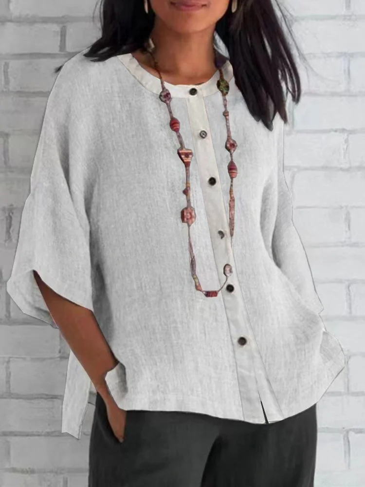 Autumn Women's Round Neck Three-quarter Sleeve Cotton Linen Solid Color Loose Casual Shirt socialshop